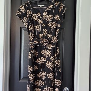 Boden Black Midi Dress with Beige Floral Print and Tie Waist